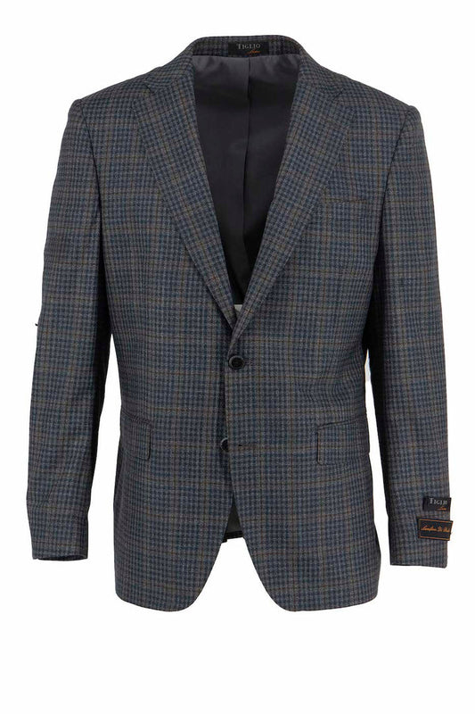 Gray mini check blazer with European styling by Tiglio Luxe, featuring taupe windowpane pattern, two buttons, a notched lapel, and a dark lining. This modern fit pure wool jacket is model TL3328.