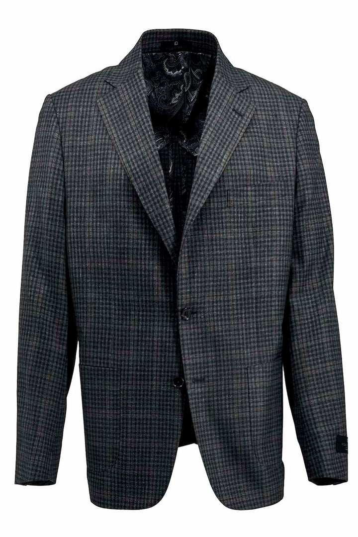 A sophisticated gray blazer from Tiglio Luxe, designed with a brown windowpane and mini check pattern. This Dolcetto/THP Modern Fit jacket is half lined and made from pure wool, featuring a notched lapel and two-button closure that encapsulates classic men's fashion elegance.