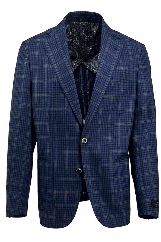 The Tiglio Luxe Light Navy Jacket TL3329, featuring a green windowpane and mini check design on a white background, showcases its stylish patterned inner lining. Crafted from pure wool and half-lined for modern fit, this exquisite piece embodies the luxury of men's jackets while honoring sartorial traditions.