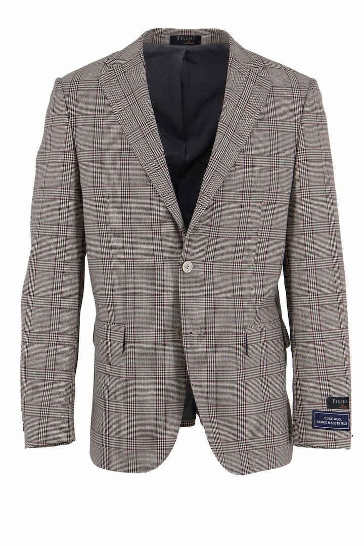 Tiglio Luxe Dolcetto Modern Fit, Pure Wool Jacket Taupe with Burgundy Windowpane TL3331