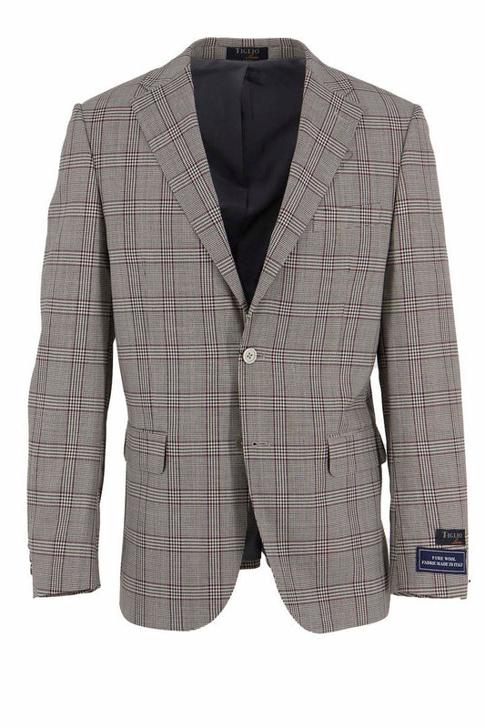 The Tiglio Luxe Taupe with Burgundy Windowpane Dolcetto Modern Fit Jacket TL3331 is a pure wool piece crafted from Italian fabrics, featuring two buttons, peak lapels, and two front pockets. This exquisite jacket exemplifies tailored men's clothing at its finest.