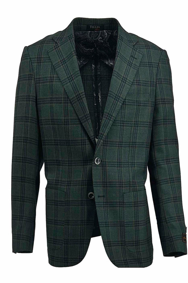 Tiglio Luxe Veneto / THP Slim Fit half lined, Pure Wool Jacket Hunter Green with Black Windowpane TL3362