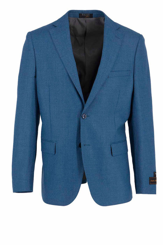 The Tiglio Luxe Dolcetto Modern Fit Jacket in Teal, style number TL3378, boasts European elegance with its notch lapel, dual-button closure, and twin front pockets, all tailor-made from exquisite pure wool and showcased against a white backdrop.