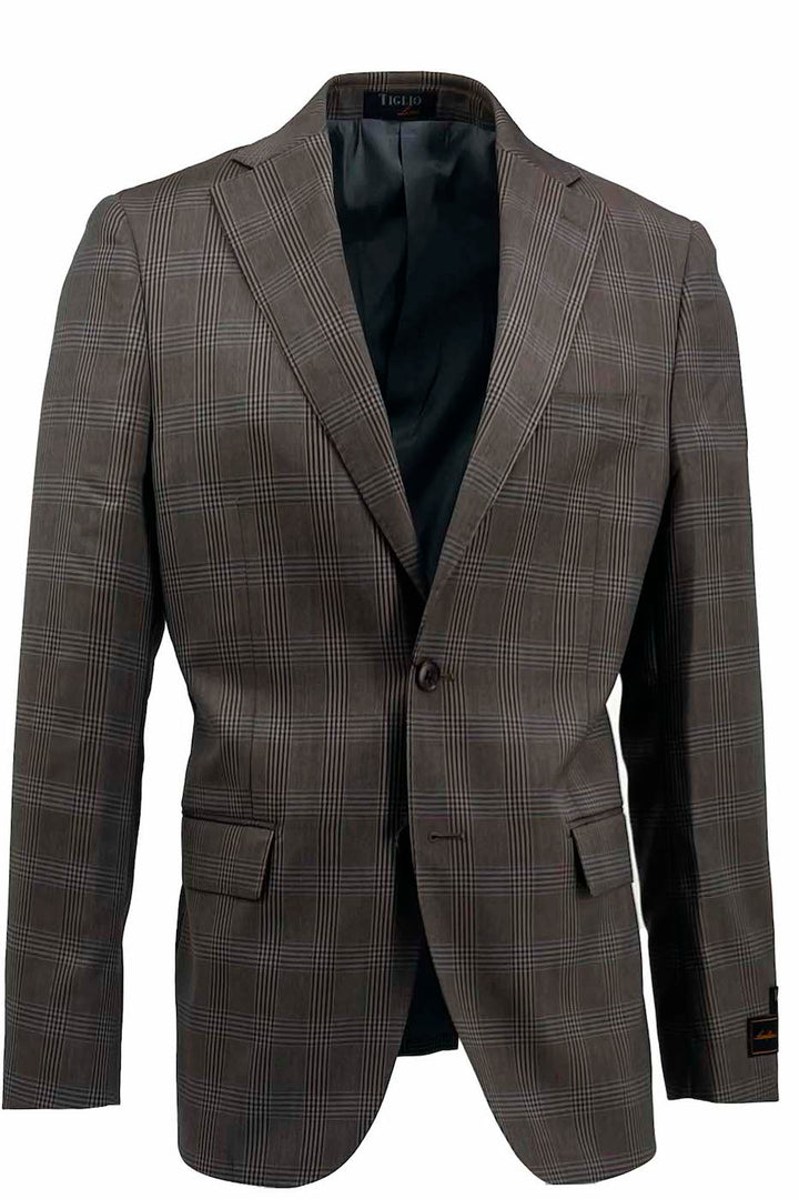 Tiglio Luxe Dolcetto Modern Fit, Pure Wool Jacket Gray Brown with Windowpane TL3382