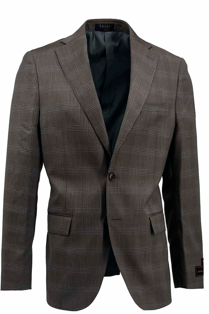 Introducing the Tiglio Luxe Gray Brown with Windowpane Dolcetto Modern Fit Jacket TL3382, crafted from pure wool. This stylish piece features a single button closure, notched lapels, and two flap pockets.