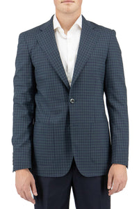 Tiglio Luxe Navy and Green Mini Windowpane Veneto/THP Slim Fit Half Lined, Pure Wool Jacket TL4228