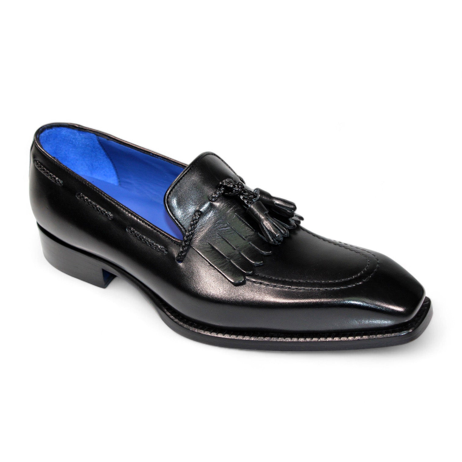 The Emilio Franco "Tommaso" Black Shoes are expertly crafted from luxurious black leather, highlighting a striking blue interior. Made in Italy, these loafers feature an elegant tassel detail on the front and a refined low heel.