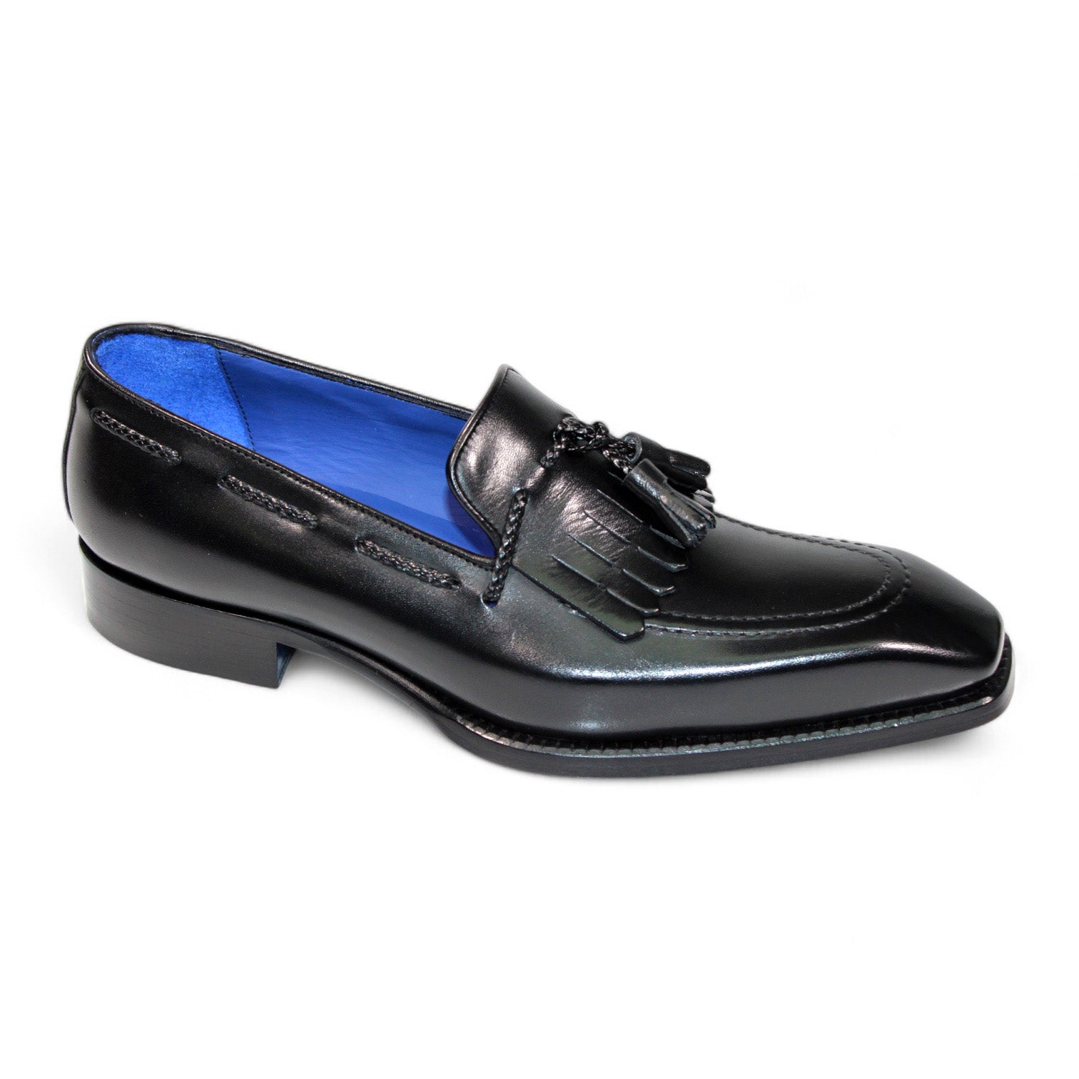 The Emilio Franco "Tommaso" Black Shoes are expertly crafted from luxurious black leather, highlighting a striking blue interior. Made in Italy, these loafers feature an elegant tassel detail on the front and a refined low heel.