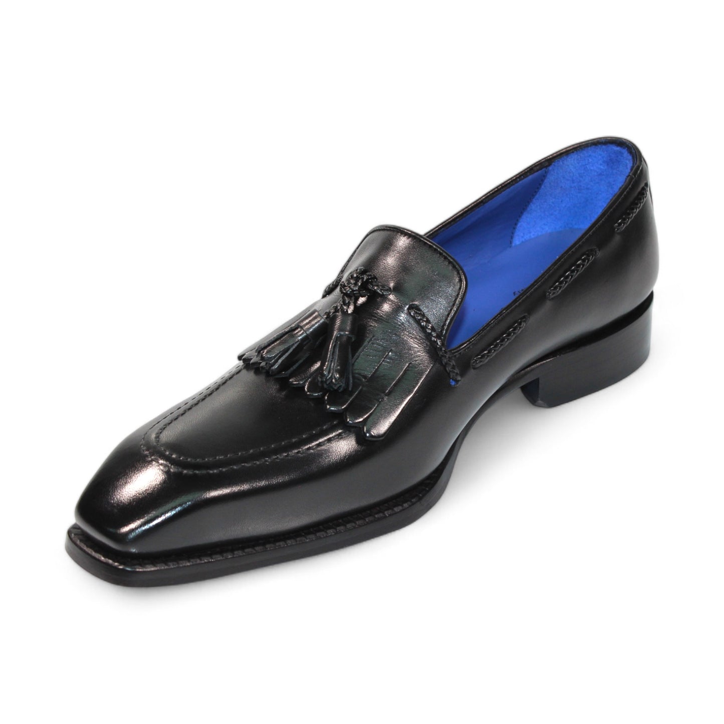 The Emilio Franco "Tommaso" Black Shoes are expertly crafted from luxurious black leather, highlighting a striking blue interior. Made in Italy, these loafers feature an elegant tassel detail on the front and a refined low heel.