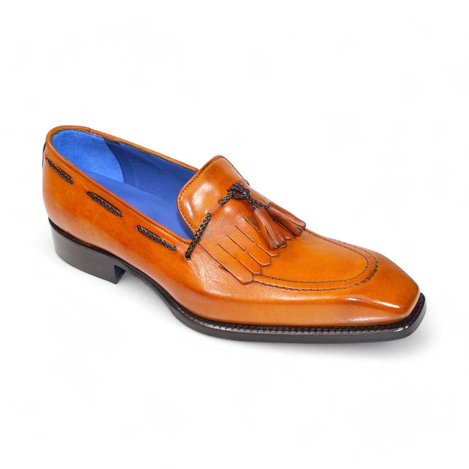 Emilio Franco "Tommaso" gold leather loafers featuring tassels and a blue interior lining, expertly crafted in Italy, displayed against a white background.