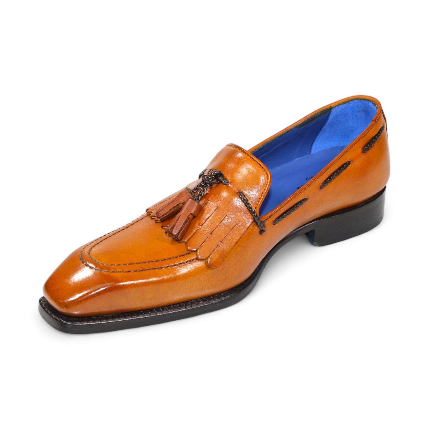 Emilio Franco "Tommaso" gold leather loafers featuring tassels and a blue interior lining, expertly crafted in Italy, displayed against a white background.