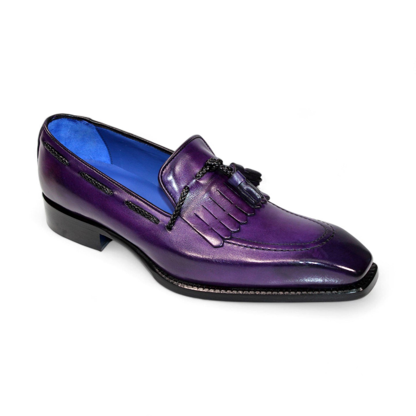 The Emilio Franco "Tommaso" Purple Shoes feature a meticulously crafted single leather loafer with tassel and fringe details, made in Italy. It showcases a striking blue interior lining against a crisp white background.