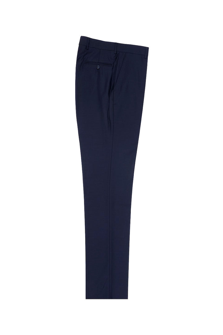 These Tiglio Luxe New Blue Flat Front Pure Wool Dress Pants (TIG1036) are expertly crafted with a modern fit from extrafine wool. They feature a single back pocket and a flat front design with button closure, showcased on a white backdrop.