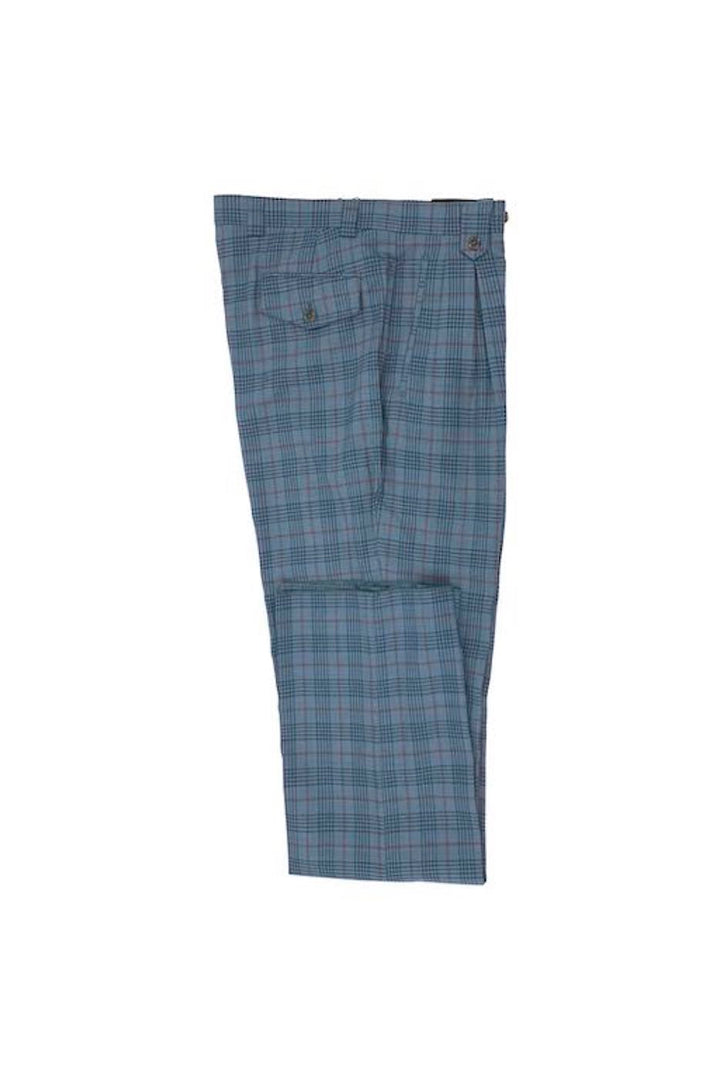 Teal with red windowpane wide leg dress pants by Tiglio Luxe, crafted from wool fabric and folded neatly.