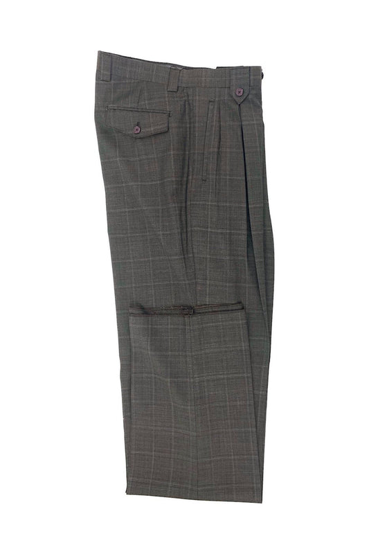 The Tiglio Luxe Brown Windowpane Wide Leg Wool Dress Pant 2576 is a stylish option made from extrafine wool, showcasing a modern fit with a flat front design. These brown windowpane dress pants are equipped with both front and back pockets and are presented neatly folded on a white background.