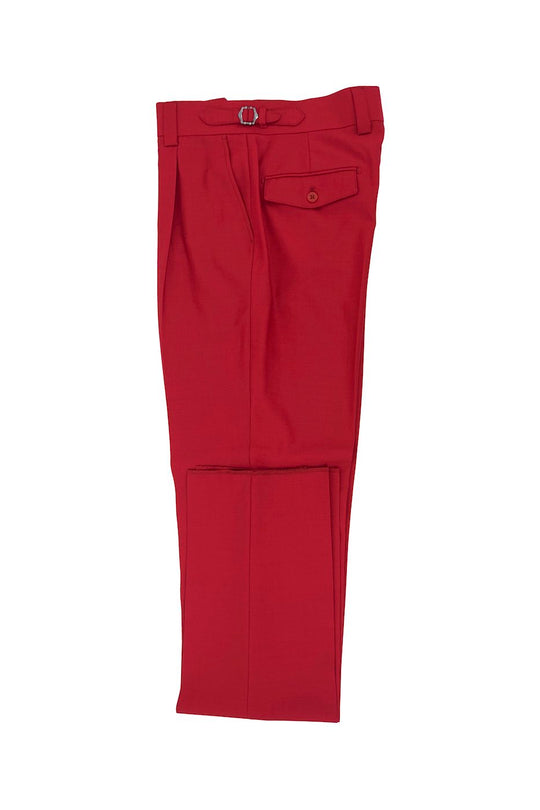 The Tiglio Luxe Red Semi-Wide Leg Wool Marbella Dress Pants are elegantly folded to highlight the buttoned back pocket and belt loops, designed with extra fine wool for a luxurious and comfortable feel.