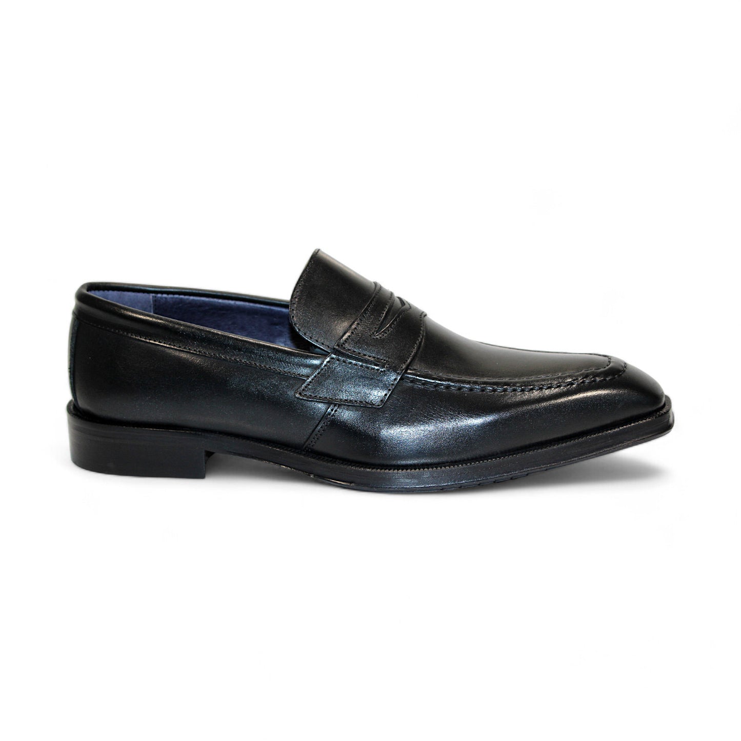 The Firmani Trevor Black Shoes, featuring a stitched design and low heel with a fine leather bottom and Italian flair, are showcased from a side angle against a white background.