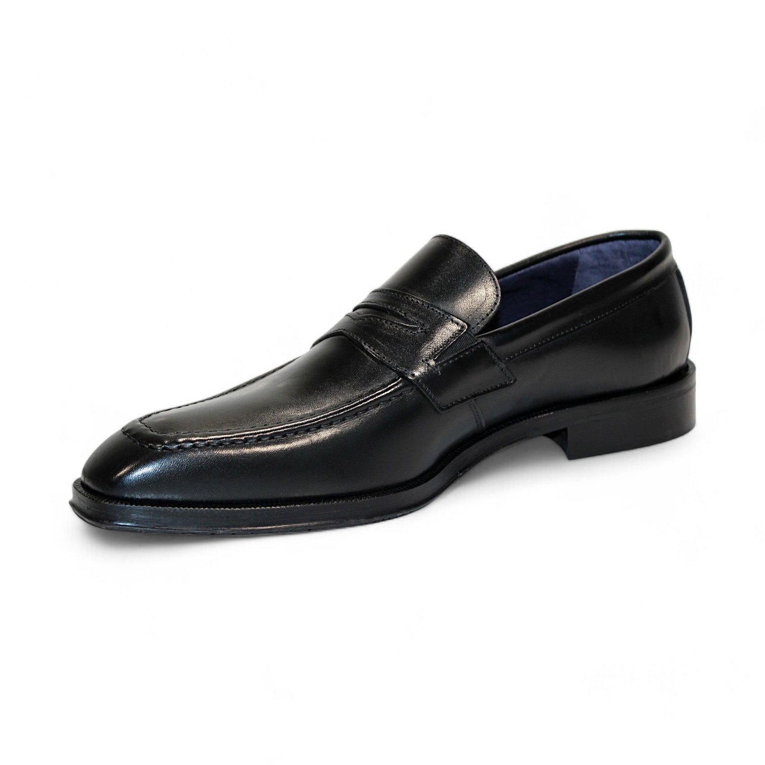 The Firmani Trevor Black Shoes, featuring a stitched design and low heel with a fine leather bottom and Italian flair, are showcased from a side angle against a white background.