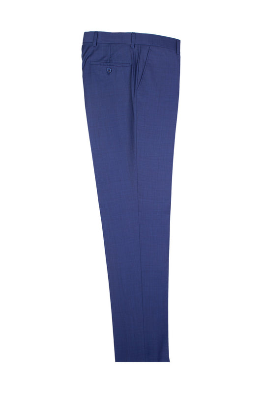 Tiglio Luxe's Tiglio Luxe New Blue Slim Fit, Pure Wool Dress Pants 2564 TS4066/2 are made from premium wool and offer a sleek slim fit. They feature a buttoned back pocket, belt loops, and a flat front design, all displayed against a white background. Ideal for office attire.