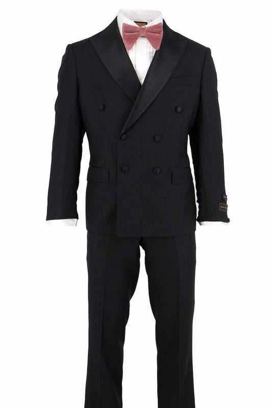 A refined Tiglio Luxe Pistoia Double Breasted Black Tuxedo (Tig1001) from Tiglio, crafted from exquisite Italian wool, paired with a pink bow tie and a crisp white shirt, showcases elegance on a mannequin. Ideal for embodying Tiglio Tuxedos' signature style at black-tie events.