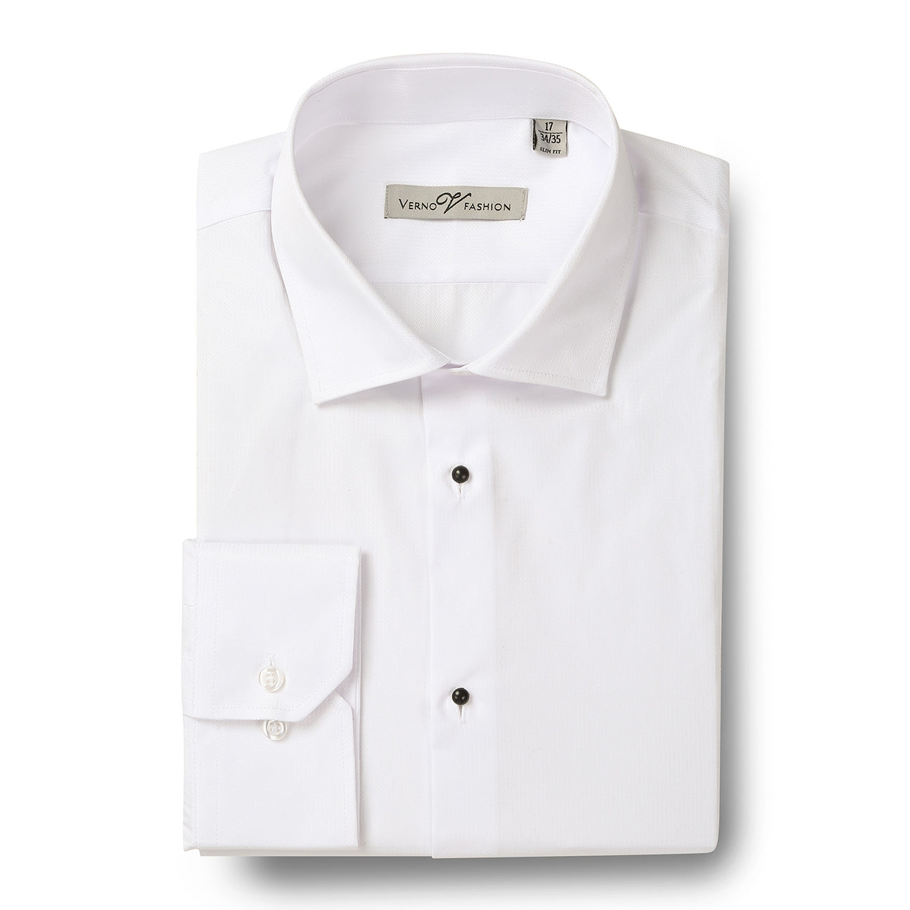 The Renoir "VERNO" White Slim Fit Long Sleeve Tuxedo Dress Shirt (TUX01) features a classic collar and buttoned cuffs, highlighted by striking black buttons, and is shown neatly folded against a plain backdrop. It's the perfect choice for any formal occasion.