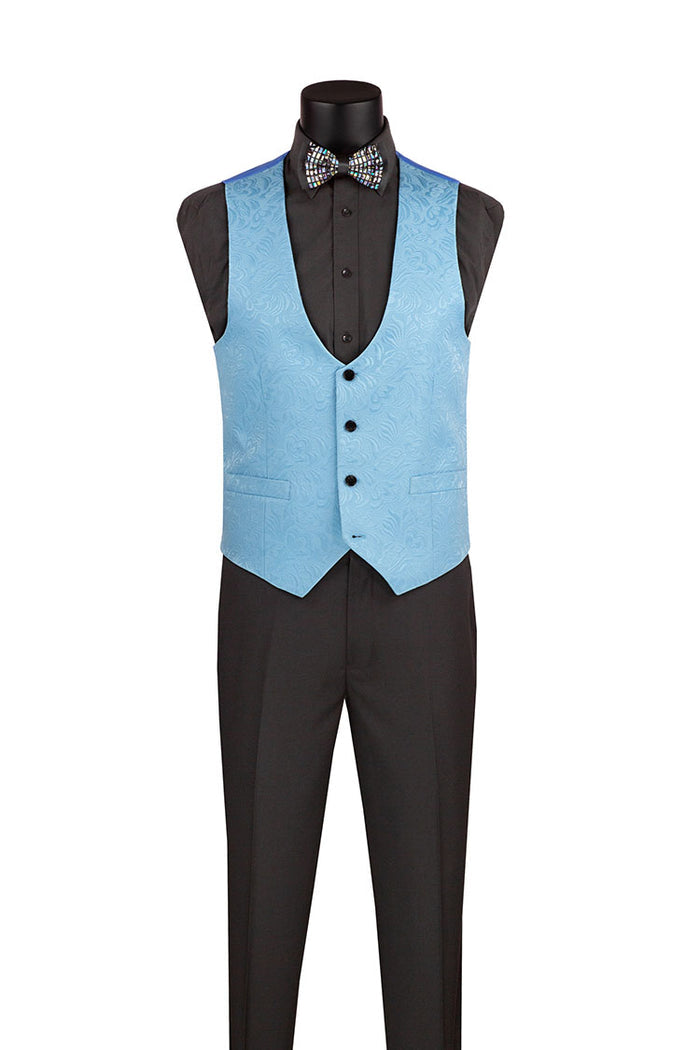 The black mannequin showcases the Vinci Slim Fit 3 Piece Single Button Jacquard Fabric Tuxedo Light Blue TVSJ-1 by Vinci Suits, featuring a light blue paisley jacquard pattern vest over a sleek black shirt, complemented by a classic black bow tie and matching pants.