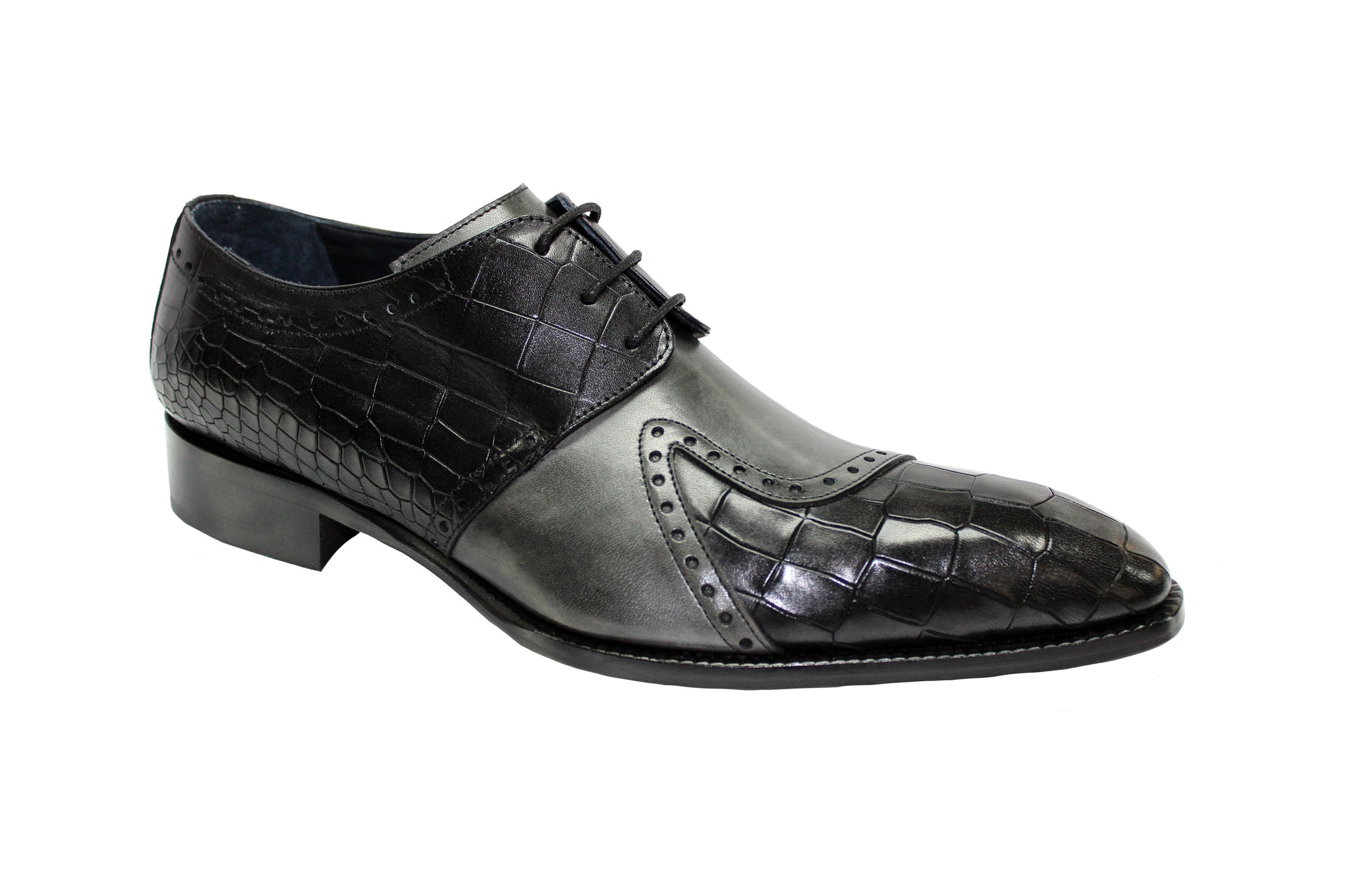 The Duca Di Matiste Valentano in Black/Grey is a men's dress shoe crafted from exquisite embossed Croco leather, featuring crocodile pattern accents and laces, made in Italy.