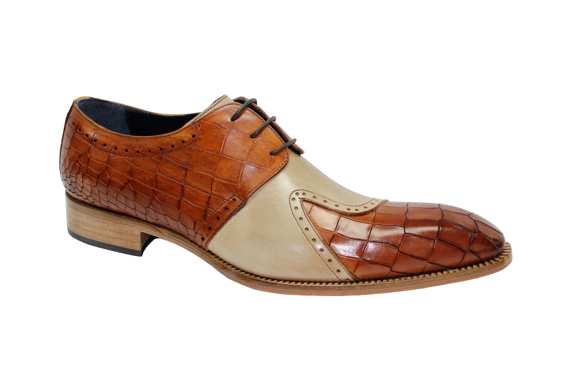 The Duca Di Matiste Valentano in Cognac and Beige is a leather dress shoe crafted with stunning embossed Croco leather and a chic wooden heel, all proudly made in Italy.