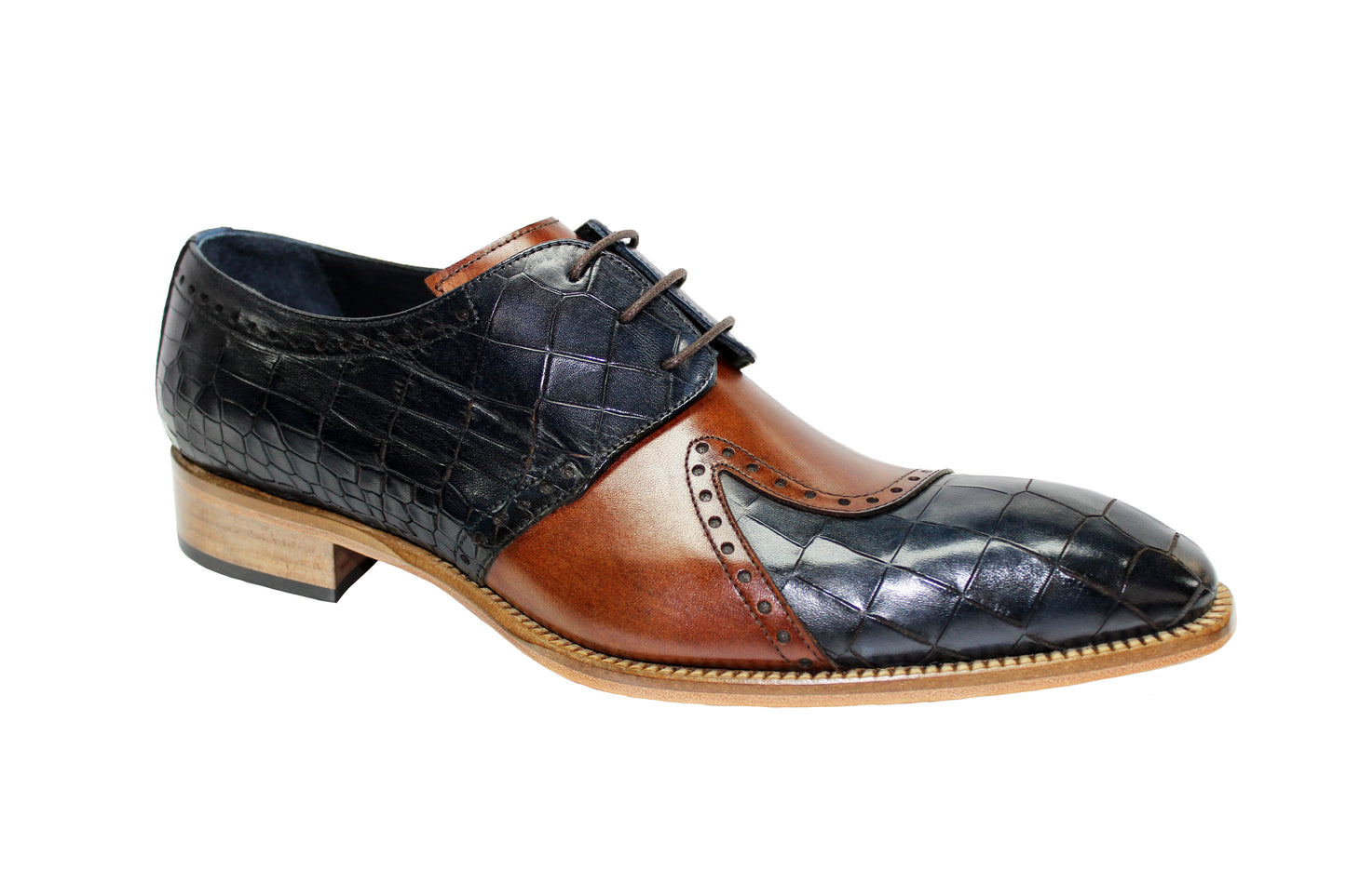 Introducing the Duca Di Matiste Valentano, a sophisticated two-tone leather dress shoe made with embossed Croco leather, featuring an elegant navy and brandy crocodile texture complemented by a timeless wingtip design and lace-up closure, expertly crafted in Italy.