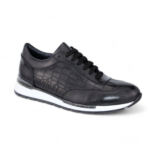 Introducing the Duca Di Matiste Varsi in black—a luxurious leather sneaker expertly crafted from embossed croco leather. This Italian-made shoe features elegant black laces and a contrasting white rubber sole, embodying both style and sophistication.