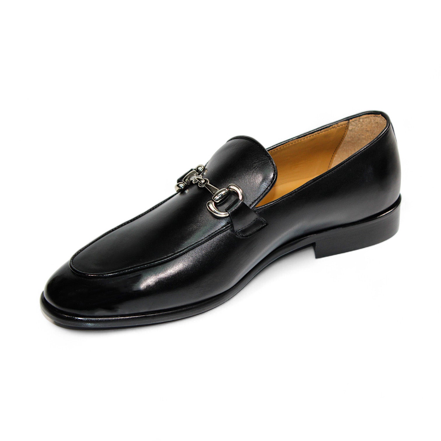 The Duca Di Matiste Vasto loafer in black leather, expertly crafted in Italy by Duca Di Matiste, showcases a chic metal bit detail on the upper, highlighted against a white background.