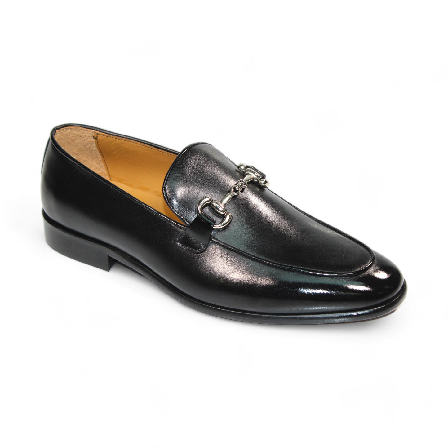 The Duca Di Matiste Vasto loafer in black leather, expertly crafted in Italy by Duca Di Matiste, showcases a chic metal bit detail on the upper, highlighted against a white background.