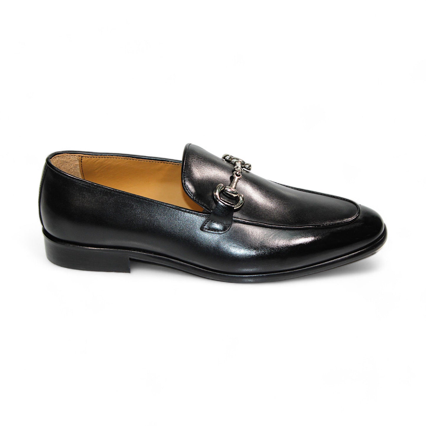 The Duca Di Matiste Vasto loafer in black leather, expertly crafted in Italy by Duca Di Matiste, showcases a chic metal bit detail on the upper, highlighted against a white background.