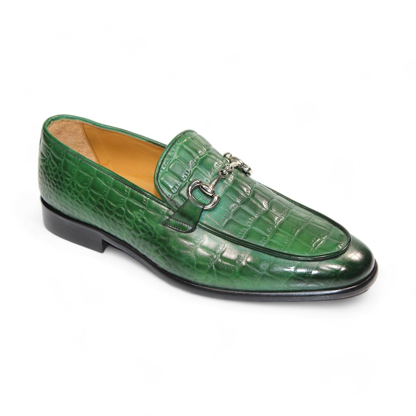 The Duca Di Matiste Vasto, crafted in Italy, is a green leather loafer featuring an alligator pattern and a metallic buckle detail on top.