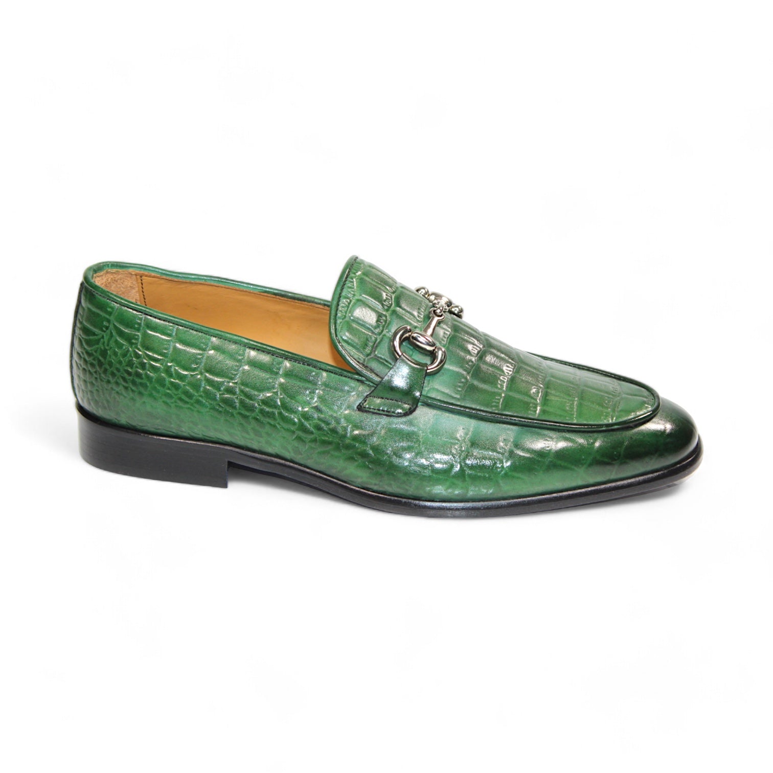 The Duca Di Matiste Vasto, crafted in Italy, is a green leather loafer featuring an alligator pattern and a metallic buckle detail on top.