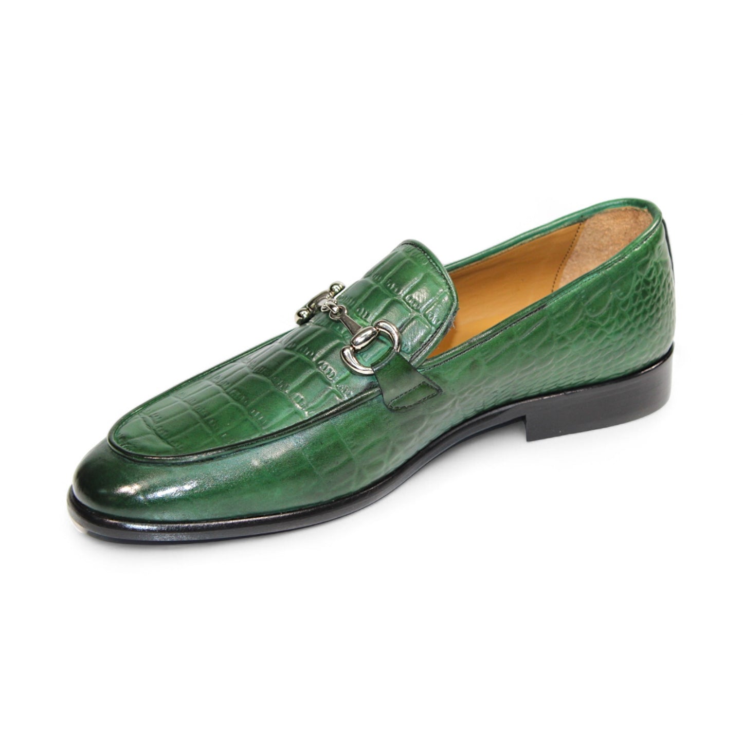 The Duca Di Matiste Vasto, crafted in Italy, is a green leather loafer featuring an alligator pattern and a metallic buckle detail on top.