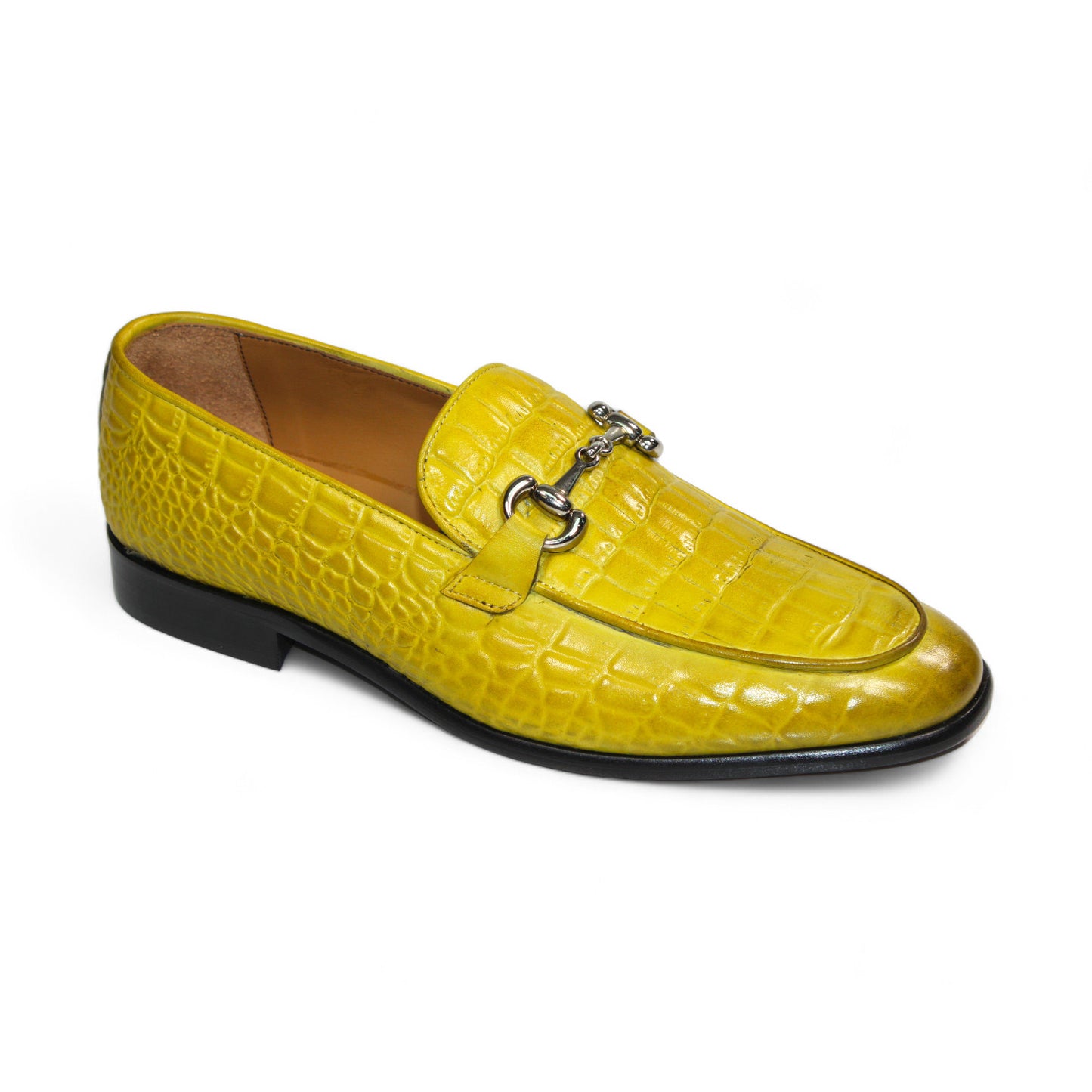 The Duca Di Matiste Vasto (Yellow) by Duca Di Matiste is a luxurious Italian-made loafer, crafted from embossed croco leather in yellow, featuring a silver buckle detail and complemented by a sleek black sole.