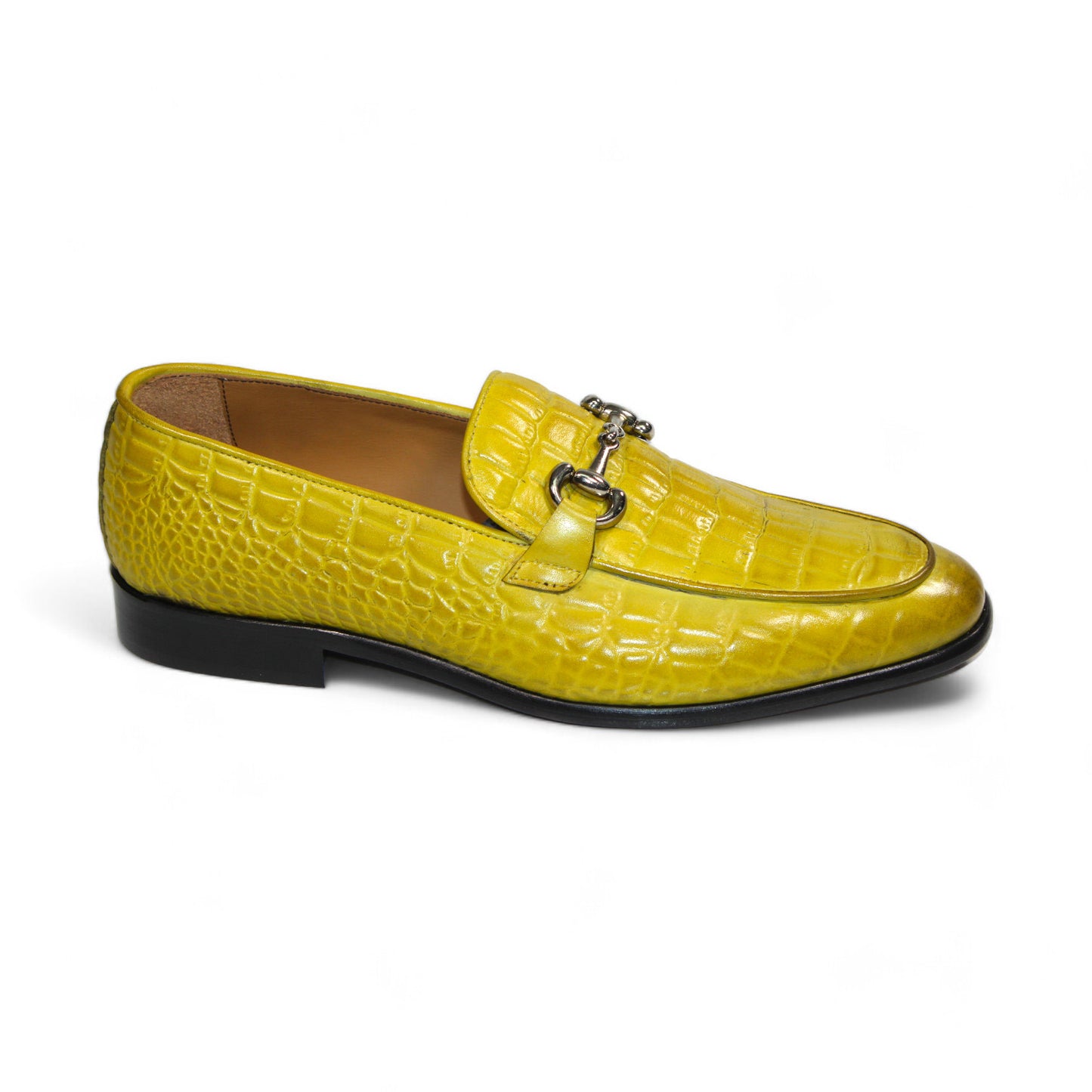 The Duca Di Matiste Vasto (Yellow) by Duca Di Matiste is a luxurious Italian-made loafer, crafted from embossed croco leather in yellow, featuring a silver buckle detail and complemented by a sleek black sole.