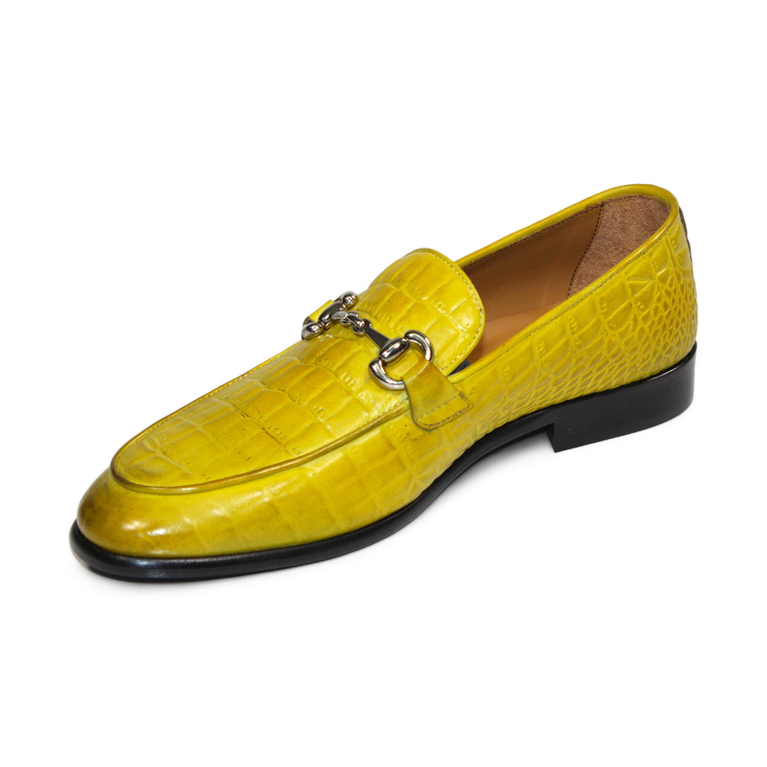 The Duca Di Matiste Vasto (Yellow) by Duca Di Matiste is a luxurious Italian-made loafer, crafted from embossed croco leather in yellow, featuring a silver buckle detail and complemented by a sleek black sole.