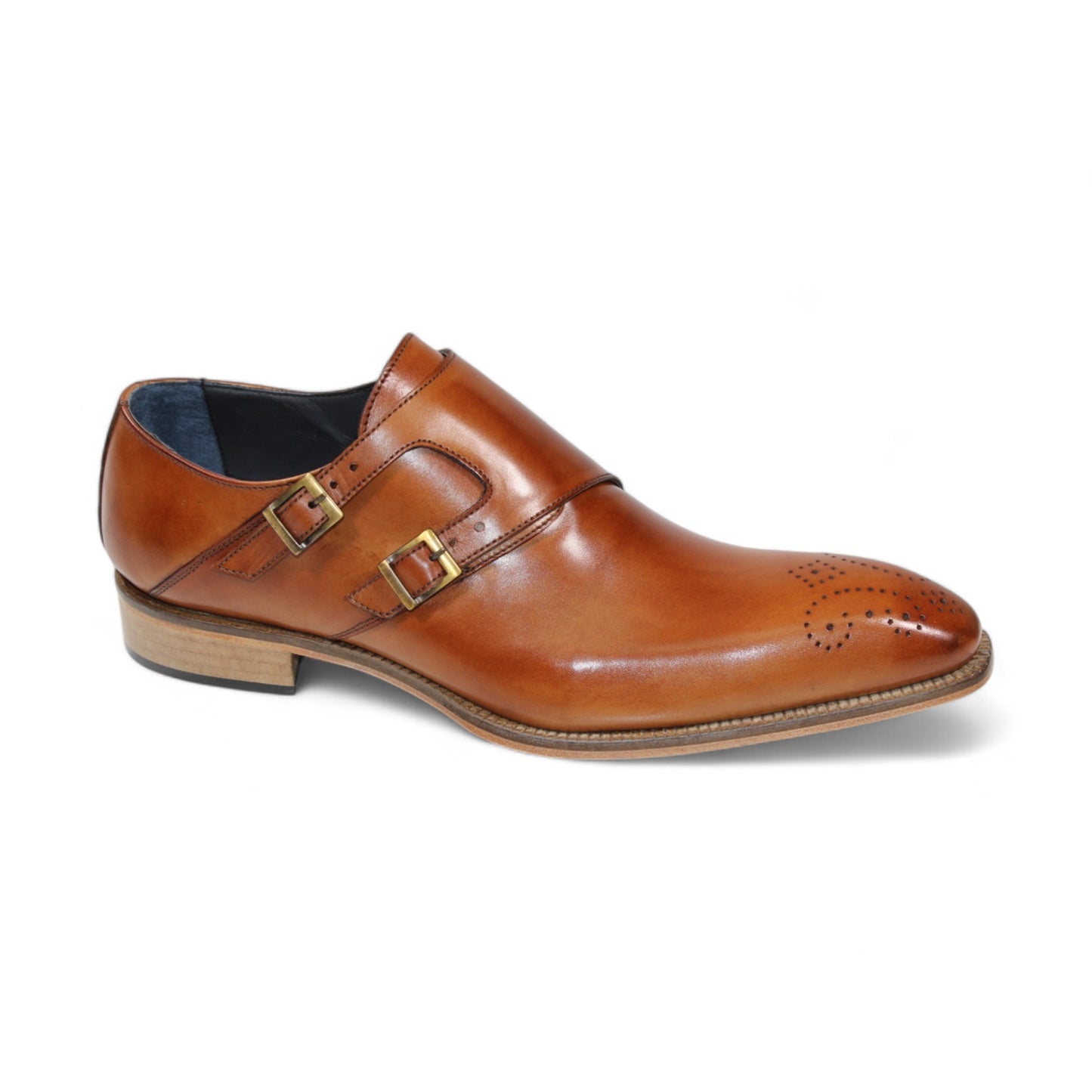 Expertly designed, the Duca Di Matiste Vergato (Brandy) shoe by Duca Di Matiste showcases intricate brogue detailing on the toe and a robust wooden heel. Crafted in Italy, it offers timeless elegance and exceptional craftsmanship.