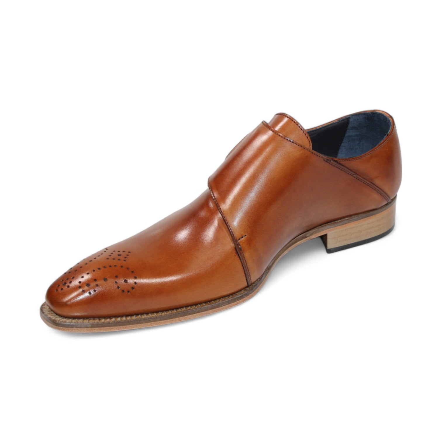 Expertly designed, the Duca Di Matiste Vergato (Brandy) shoe by Duca Di Matiste showcases intricate brogue detailing on the toe and a robust wooden heel. Crafted in Italy, it offers timeless elegance and exceptional craftsmanship.