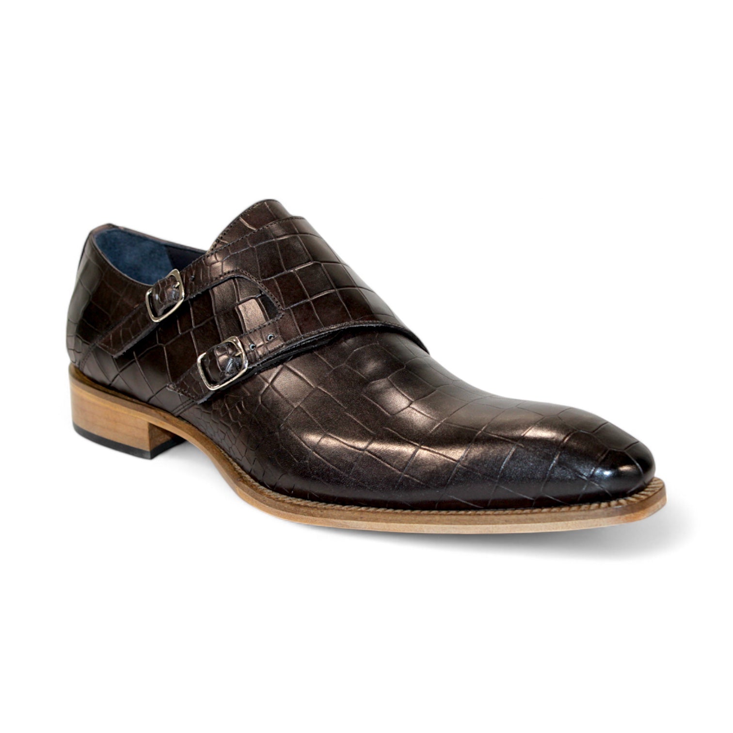 The Duca Di Matiste Vergato in Chocolate, an embossed croco leather dress shoe with a dark brown shade and light brown sole, made in Italy, is displayed from a side angle.