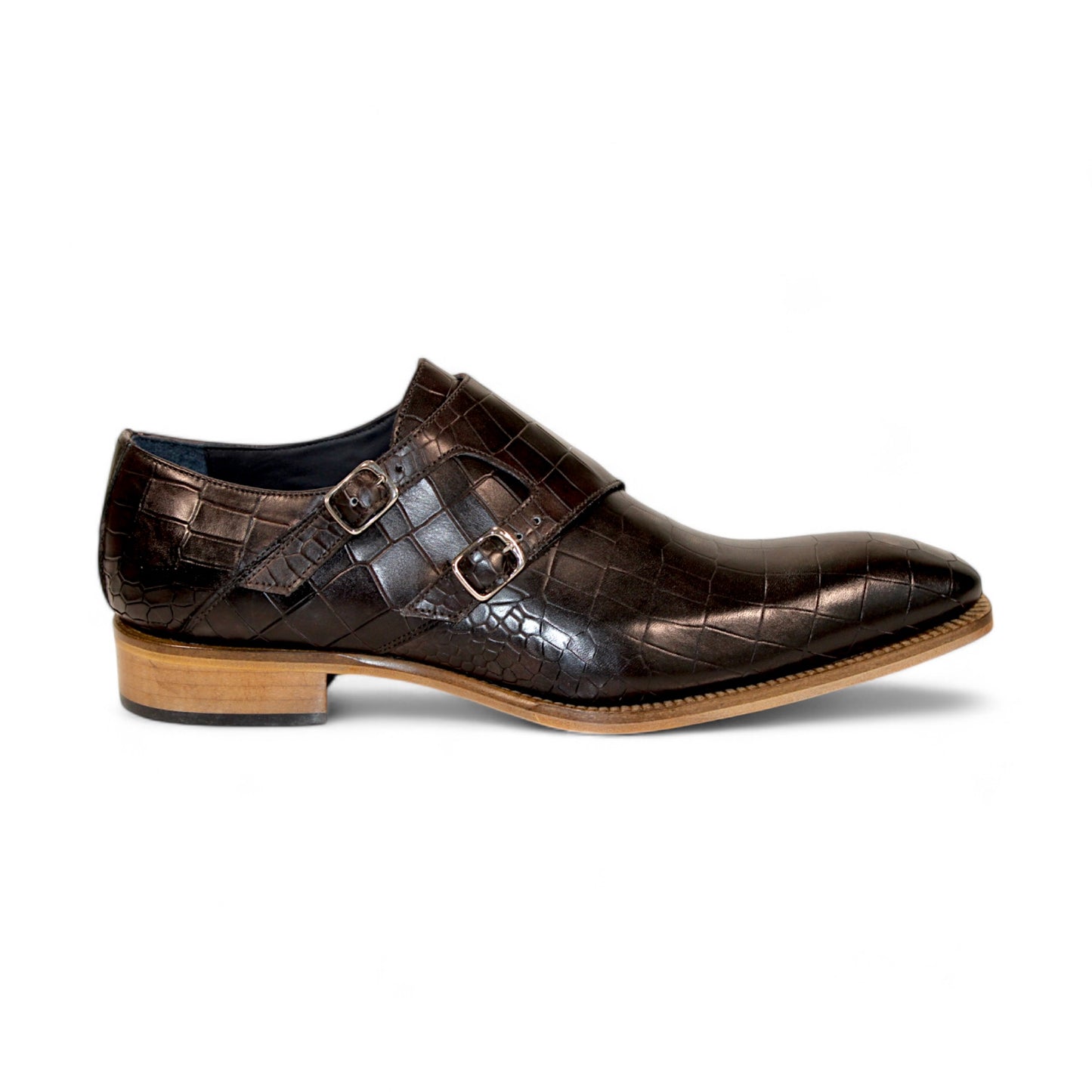 The Duca Di Matiste Vergato in Chocolate, an embossed croco leather dress shoe with a dark brown shade and light brown sole, made in Italy, is displayed from a side angle.