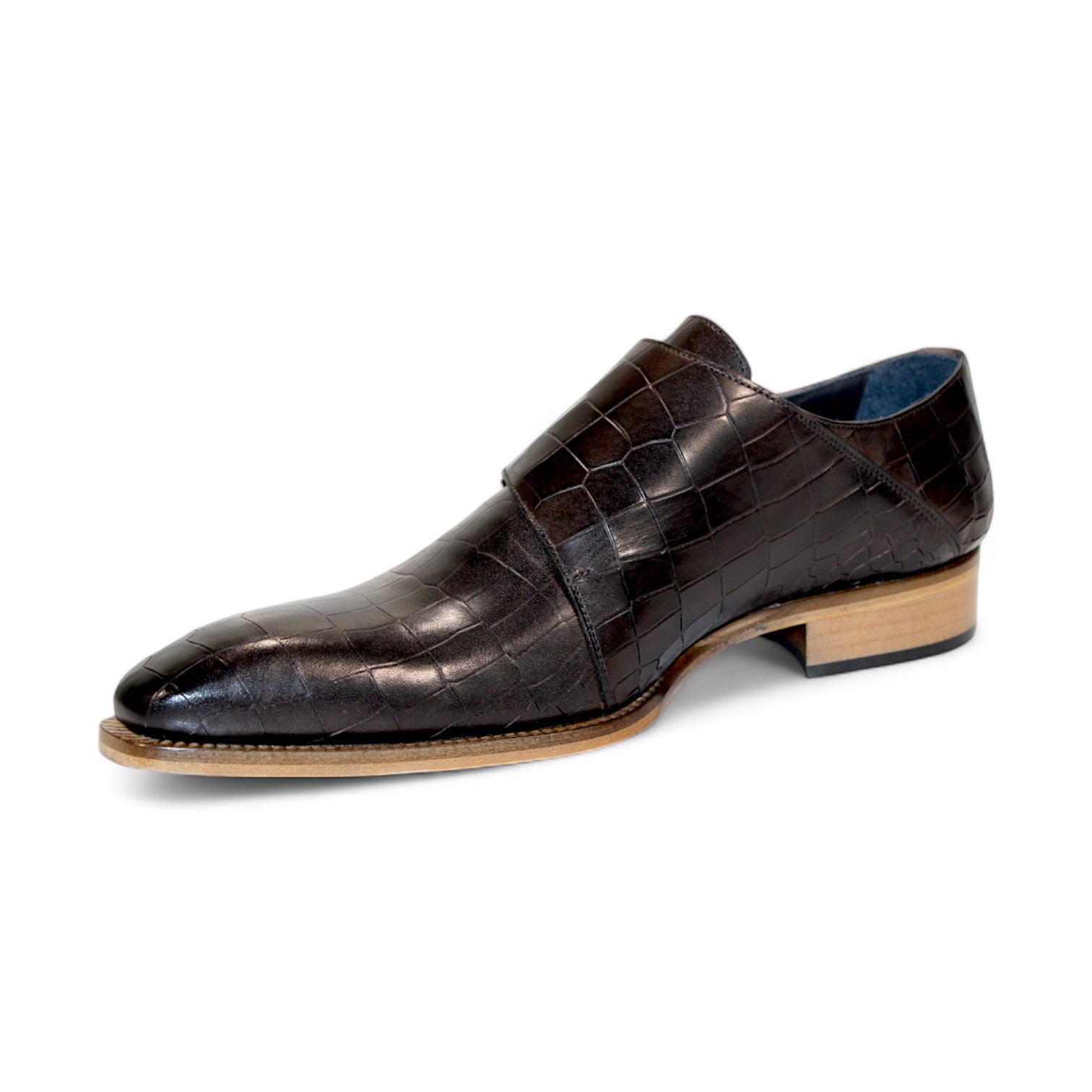 The Duca Di Matiste Vergato in Chocolate, an embossed croco leather dress shoe with a dark brown shade and light brown sole, made in Italy, is displayed from a side angle.