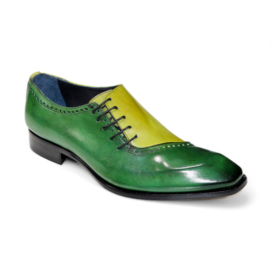 The Duca Di Matiste Veroli in Green/Olive is a luxurious Italian leather dress shoe with black laces and a low heel.