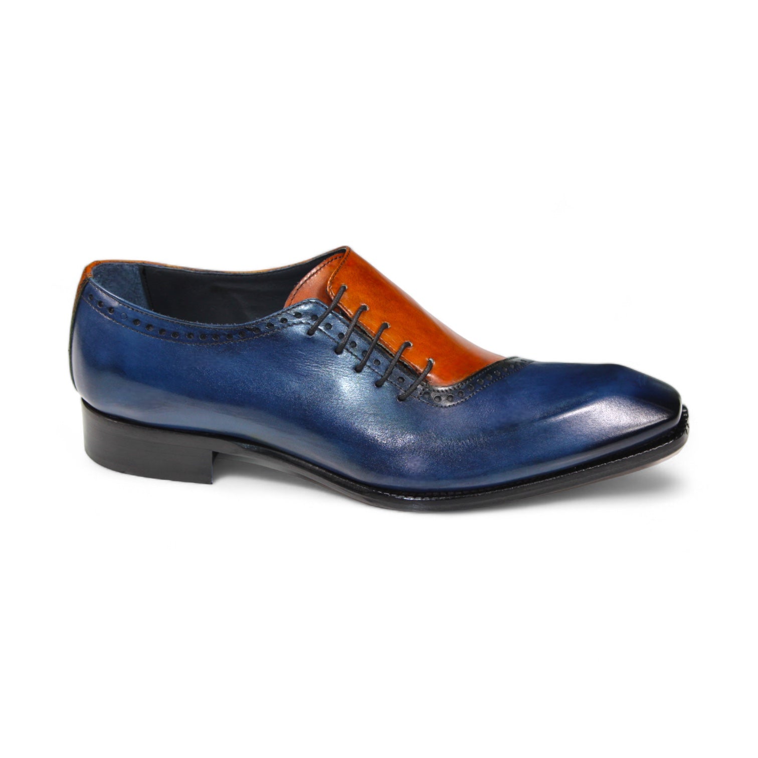 The Duca Di Matiste Veroli in Navy and Gold is an elegant two-tone oxford shoe, expertly crafted in Italy from genuine leather. It features a striking navy and gold upper, complemented by intricate stitching, a sleek black sole, and coordinated laces.