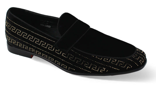 Introducing the After Midnight Exclusive Vincent Black/Gold Dress Shoes by AFTER MIDNIGHT, featuring a black velour upper in a slip-on design with a moc toe and gold geometric pattern detailing along the sides and vamp.