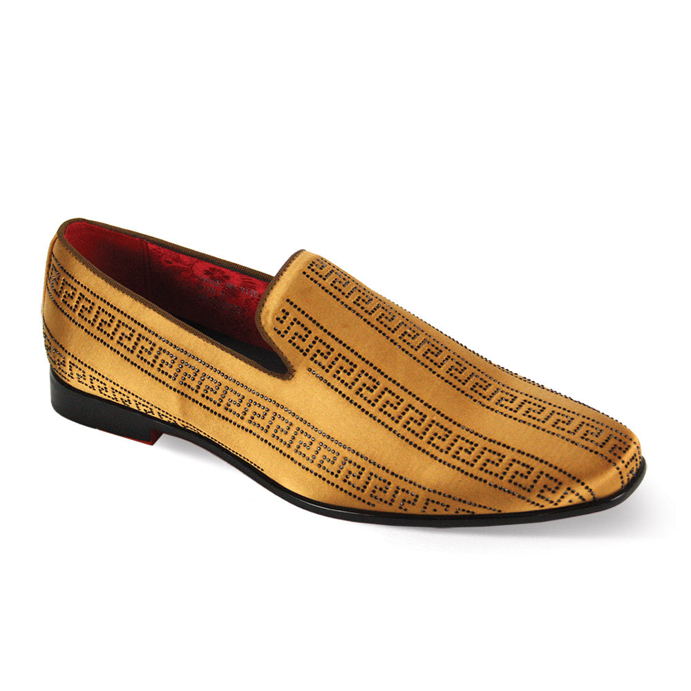 The After Midnight Exclusive Vito Gold/Black Dress Shoes by AFTER MIDNIGHT are slip-on shoes featuring a black Greek key pattern, a satin fabric finish, and a red interior lining.