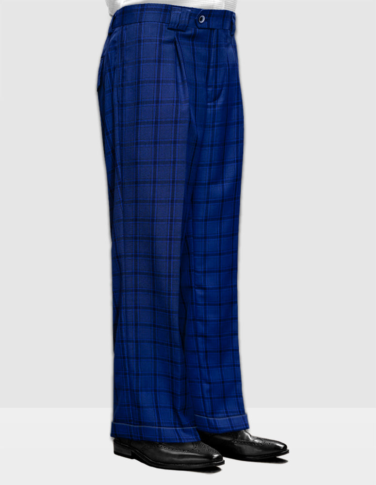 A person wearing Statement Clothing's Italian wool wide leg plaid pants (WP-104-SAPPHIRE) alongside black dress shoes stands against a plain background.