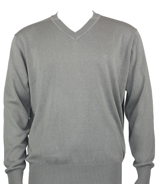 The Bassiri L/S V-Neck Ash Sweater 627, a long-sleeve gray sweater made from soft cotton for a modern fit, is displayed on a mannequin.